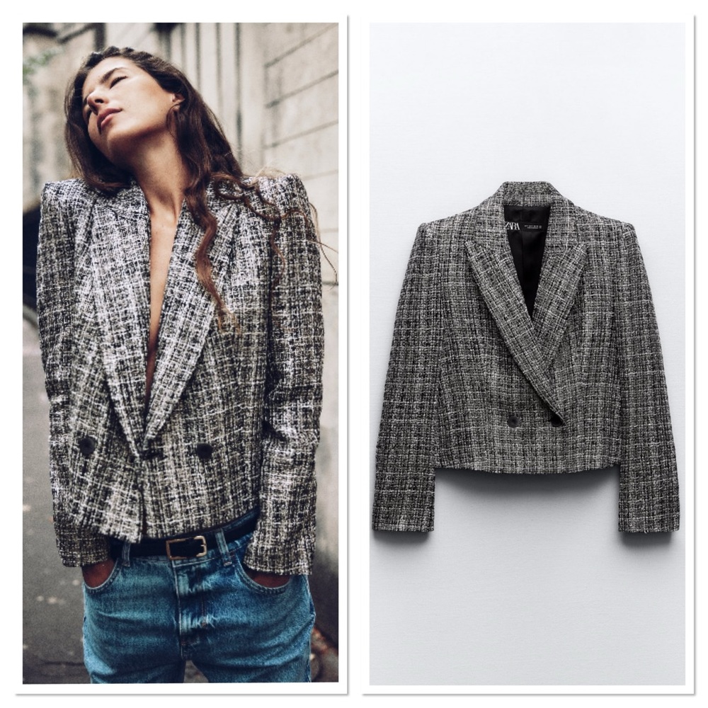 NWT Zara Checkered Lapel Collar Double Breasted Buttoned Cropped Blazer Sz:M